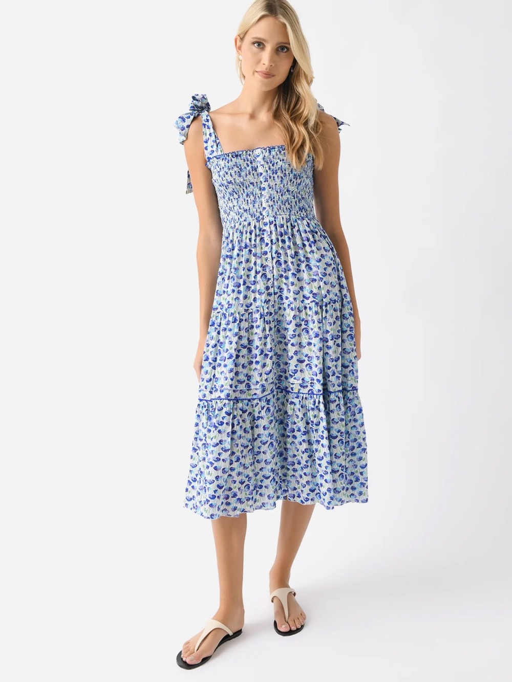 Poupette St. Barth Blue Floral Smocked Tie-Shoulder Midi Dress